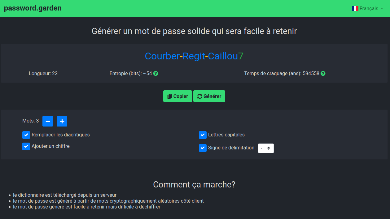 Password garden est très facile d'utilisation, et permet de générer de nombreux mots de passe afin d'en choisir un qui nous sera facile à retenir - © Password Garden